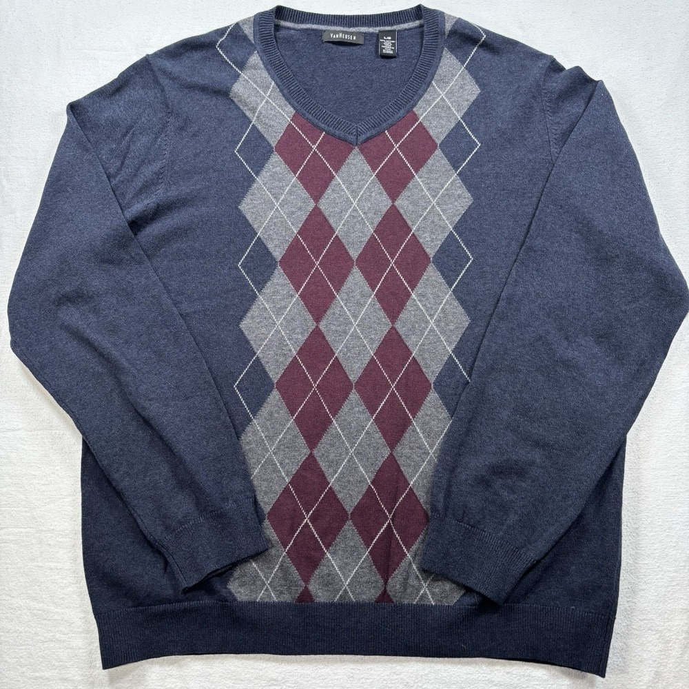 Van Heusen Men's 100% Cotton‎ Argyle Sweater Blue Size Large